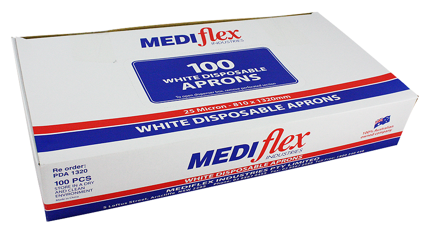 Mediflex white disposable plastic apron box containing 100 pieces for protective use